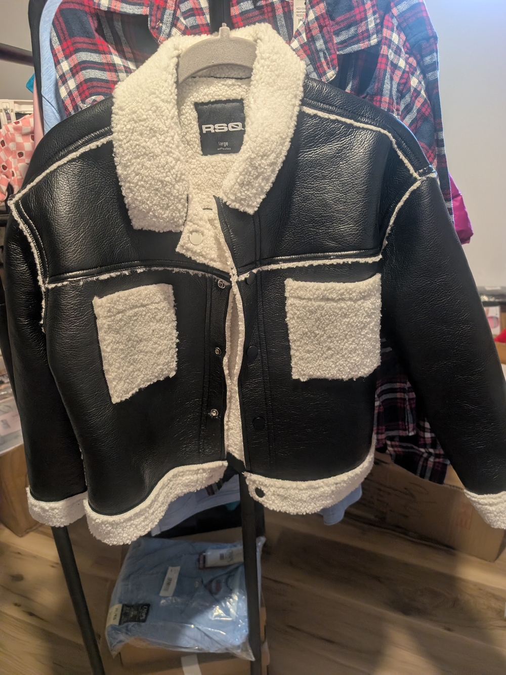 RSQ Black Faux-Leather Bomber Jacket with Cream Sherpa Trim